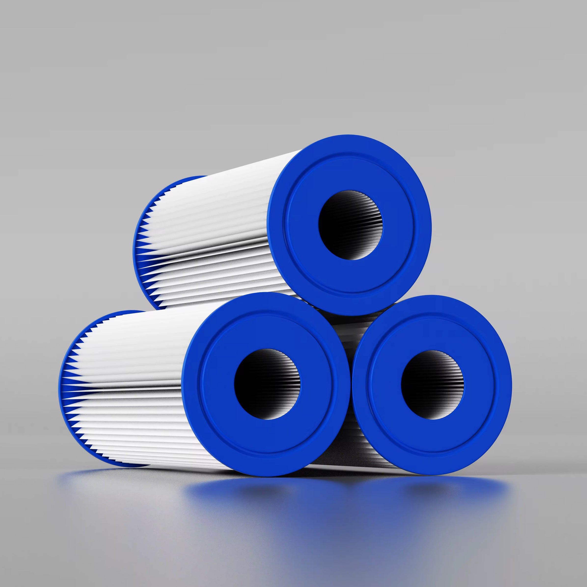 Three blue and white pleated filter cartridges for Ice Flow cold therapy tubs
