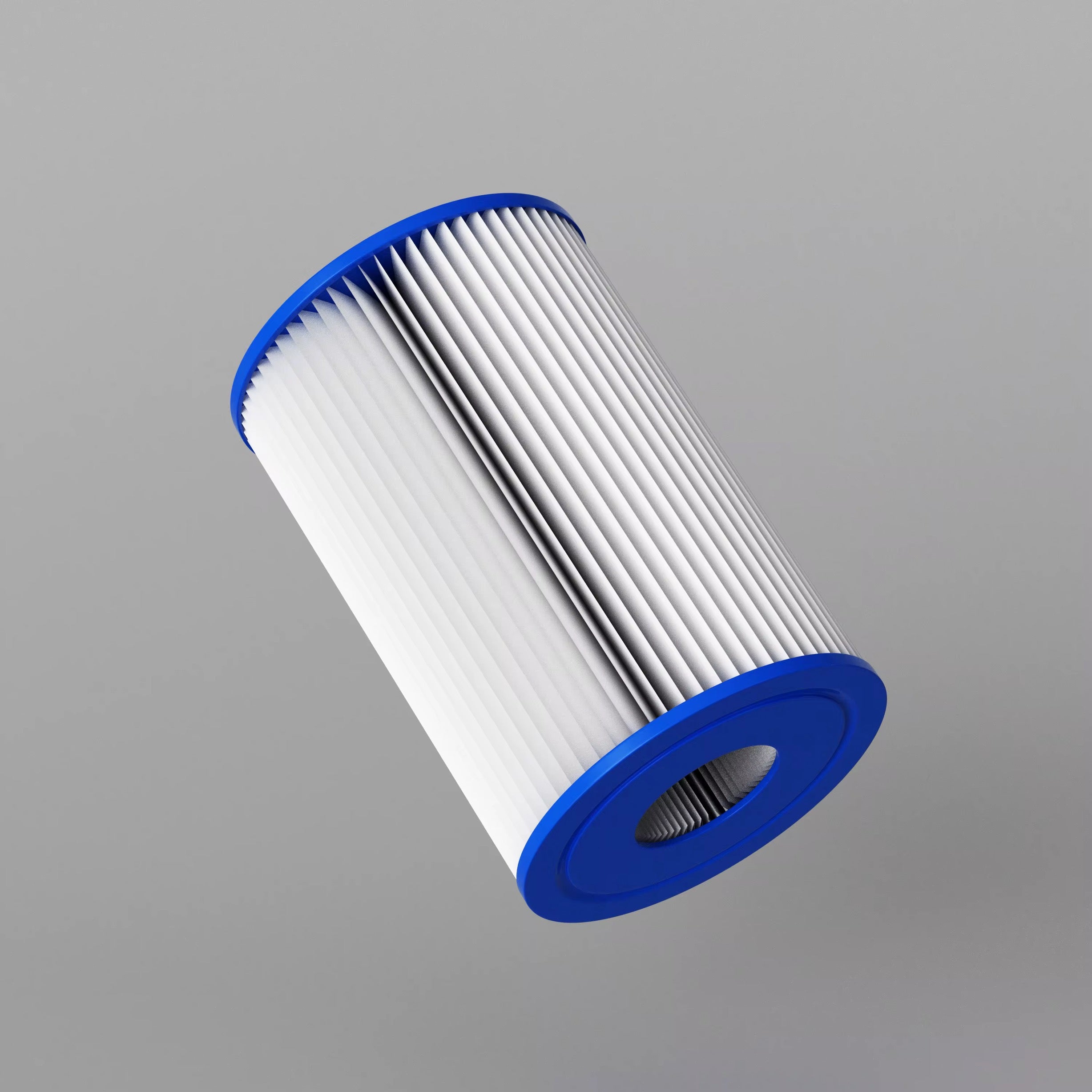 Ice Flow cold therapy tub water filter cartridge with blue ends on gray background