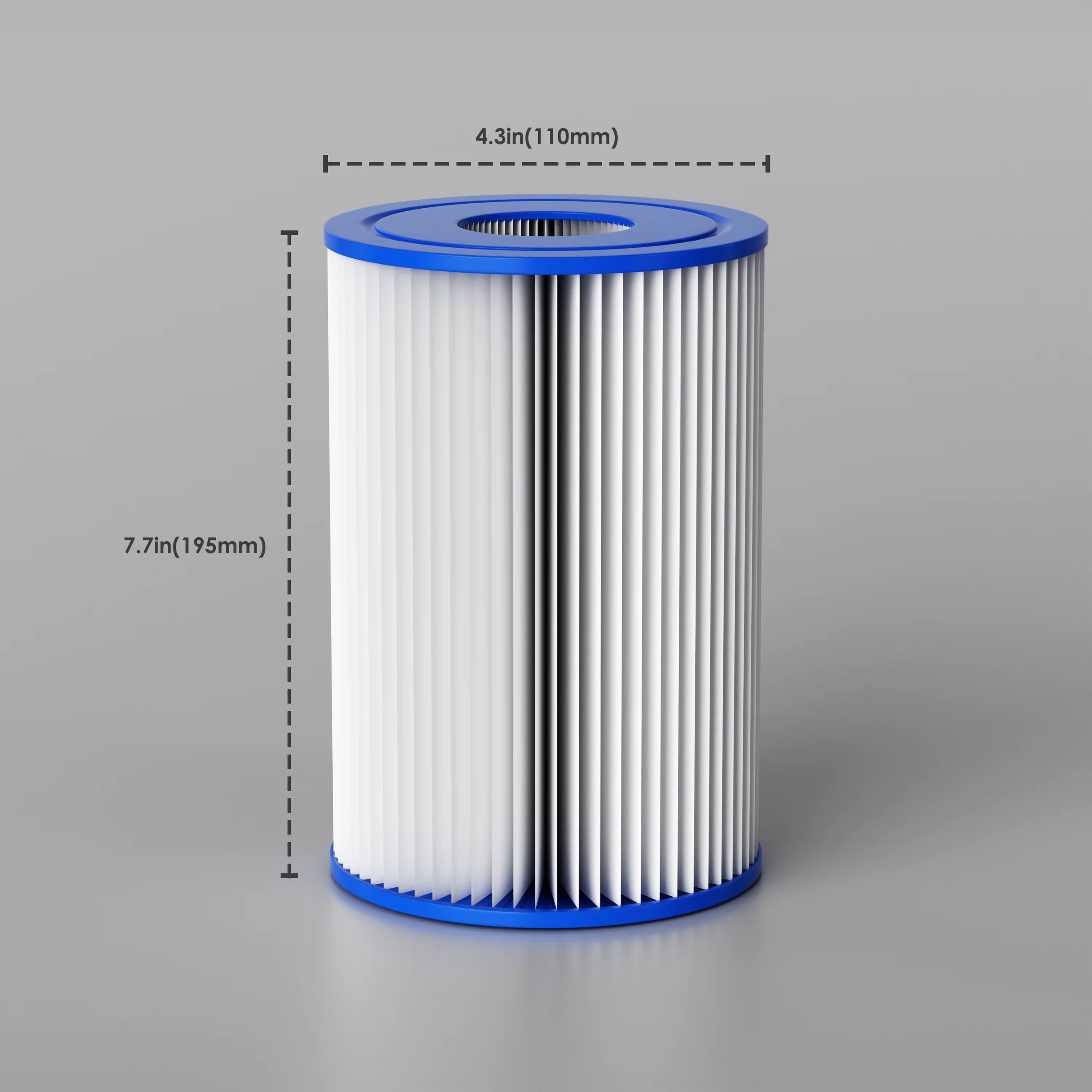 Ice Flow cold therapy tub filter cartridge with blue edges, dimensions labeled 7.7in by 4.3in