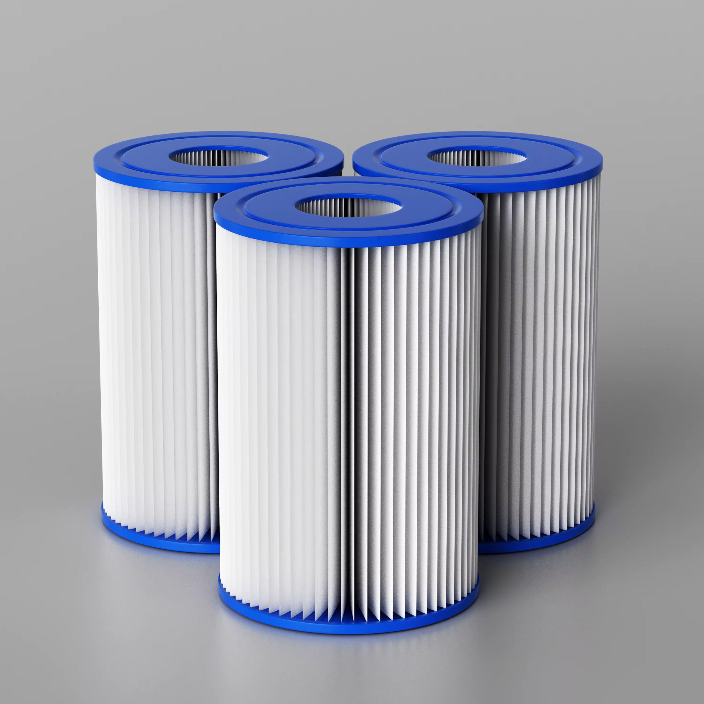 Three Ice Flow cold tub water filters with blue rims on a gray background.